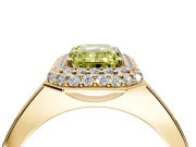 Halo Engagement Ring Setting for Fancy Yellow Emerald Cut Center with Plain Tapered Band and Prong Head in Yellow Gold