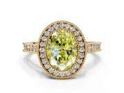 Halo Engagement Ring Setting for Fancy Yellow Oval Center with Milgrain Pave Band and Bezel Head in Yellow Gold