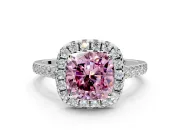 Halo Engagement Ring Setting for Fancy Pink Cushion Cut Center with Narrowing Pave Band and Prong Head in Platinum