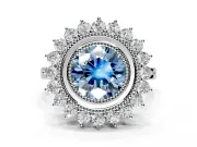 Halo Engagement Ring Setting for Fancy Blue Round Cut Center with Milgrain Bezel Rim, Plain Band and Prong Head in Platinum