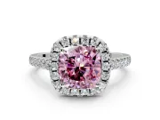 Halo Engagement Ring Setting for Fancy Pink Cushion Cut Center with Raised Halo, Pave Band and Prong Head in Sterling Silver