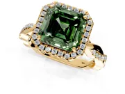 Halo Engagement Ring Setting for Fancy Green Asscher Cut Center with Pave and Plain Twist Band and Prong Head in Yellow Gold