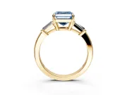 3 Stone Engagement Ring Setting for Fancy Blue Asscher Cut Center with Baguette Accents and Prong Head in Yellow Gold