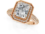 Milgrain Halo Engagement Ring Setting for Radiant Cut Center with Three-Sided Pave Band and Prong Head in Rose Gold