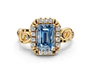 Halo Engagement Ring Setting for Fancy Blue Emerald Cut Center with Open Scroll Shoulders and Prong Head in Yellow Gold
