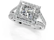 Halo Engagement Ring Setting for Princess Cut Center with Narrow Pave Split Shank and Prong Head in Platinum