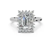 Starburst Halo Engagement Ring Setting for Emerald Cut Center with Thin Round-Wire Band and Prong Head in Platinum