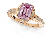 Floral Engagement Ring Setting for Fancy Pink Emerald Cut Center with Four Accent Clusters and Prong Head in Rose Gold