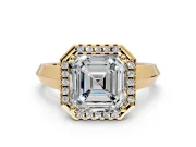 Halo Engagement Ring Setting for Asscher Cut Center with Knife Ridge Cathedral Band and Prong Head in Yellow Gold