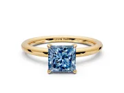 Low-Set Solitaire Engagement Ring Setting for Fancy Blue Princess Cut Center with Thin Plain Band and Prong Head in Yellow Gold