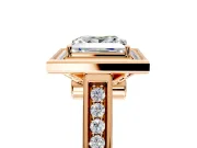 Halo Engagement Ring Setting for Princess Cut Center with Outer Bezel Rim, Pave Band and Prong Head in Rose Gold
