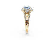 Halo Engagement Ring Setting for Fancy Blue Asscher Cut Center with Two-Strand Split Shank and Prong Head in Yellow Gold