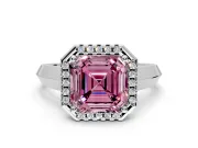 Halo Engagement Ring Setting for Fancy Pink Asscher Cut Center with Knife Ridge Cathedral Band and Prong Head in Platinum