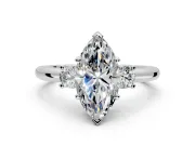 3 Stone Engagement Ring Setting for Marquise Center with Wide Plain Band and Prong Head in White Gold