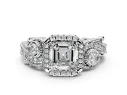 Milgrain Halo Engagement Ring Setting for Asscher Cut Center with Shoulder Bezels and Prong Head in Sterling Silver