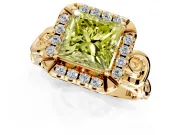 Halo Engagement Ring Setting for Fancy Yellow Princess Cut Center with Open Scroll Shoulders and Prong Head in Yellow Gold