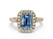 Halo Engagement Ring Setting for Fancy Blue Emerald Cut Center with Raised Halo, Pave Band and Prong Head in Yellow Gold