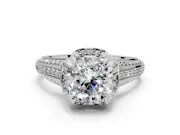 Solitaire Engagement Ring Setting for Cushion Cut Center with Accented Split Shank and Prong Head in Platinum