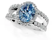 Halo Engagement Ring Setting for Fancy Blue Oval Center with Wide-Open Pave Split Shank and Prong Head in Platinum