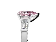 3 Stone Engagement Ring Setting for Fancy Pink Pear-Shaped Center with Channel Baguette Accents and Prong Head in Platinum