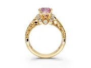 Solitaire Engagement Ring Setting for Fancy Pink Cushion Cut Center with Filigree Accent Basket and Prong Head in Yellow Gold