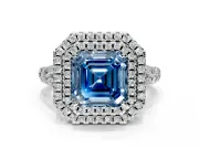 Double Halo Engagement Ring Setting for Fancy Blue Asscher Cut Center with Narrow Pave Split Shank and Prong Head in Platinum