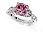 Leaf Motif Engagement Ring Setting for Fancy Pink Cushion Cut Center with Pave Band and Prong Head in Sterling Silver