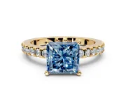 Solitaire Engagement Ring Setting for Fancy Blue Princess Cut Center with Single Row Accent Band and Prong Head in Yellow Gold