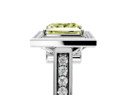 Halo Engagement Ring Setting for Fancy Yellow Princess Cut Center with Outer Bezel Rim, Pave Band and Prong Head in Platinum