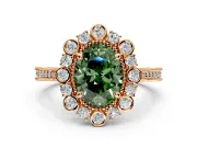 Milgrain Halo Engagement Ring Setting for Fancy Green Oval Center with Bezel Point Accents and Prong Head in Rose Gold