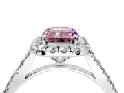 Halo Engagement Ring Setting for Fancy Pink Emerald Cut Center with Narrowing Pave Band and Prong Head in White Gold