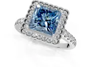 Milgrain Floral Halo Engagement Ring Setting for Fancy Blue Princess Cut Center with Pave Band and Prong Head in White Gold