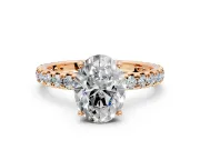 Solitaire Engagement Ring Setting for Oval Center with Shared-Prong Accents and Prong Head in Rose Gold