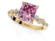 Solitaire Engagement Ring Setting for Fancy Pink Radiant Cut Center with Trailing Leaf Accent Band and Prong Head in Yellow Gold