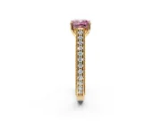 Solitaire Engagement Ring Setting for Fancy Pink Cushion Cut Center with Engraved Pave Band and Prong Head in Yellow Gold