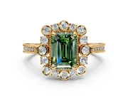 Milgrain Halo Engagement Ring Setting for Fancy Green Emerald Cut Center with Bezel Point Accents and Prong Head in Yellow Gold