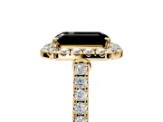 Halo Engagement Ring Setting for Fancy Black Emerald Cut Center with Narrowing Pave Band and Prong Head in Yellow Gold