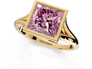 Solitaire Engagement Ring Setting for Fancy Pink Princess Cut Center with V Split Shank and Bezel Head in Yellow Gold