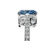 Cathedral Engagement Ring Setting for Fancy Blue Emerald Cut Center with Antique-Style Pave Band and Prong Head in Platinum