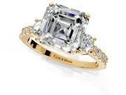 3 Stone Engagement Ring Setting for Asscher Cut Center with Round Cut Side Accents and Prong Head in Yellow Gold