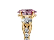 3 Stone Engagement Ring Setting for Fancy Pink Oval Center with Crossover Basket, Pave Band and Prong Head in Yellow Gold