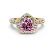 Halo Engagement Ring Setting for Fancy Pink Heart-Shaped Center with Full Pave Band and Prong Head in Yellow Gold