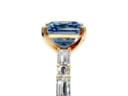 Baguette Engagement Ring Setting for Fancy Blue Asscher Cut Center with Alternating Bar-Set Band and Prong Head in Yellow Gold