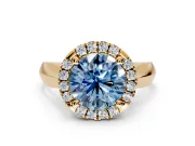 Halo Engagement Ring Setting for Fancy Blue Round Cut Center with Square Band and Prong Head in Yellow Gold