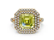 Double Halo Engagement Ring Setting for Fancy Yellow Asscher Cut Center with Narrow Pave Split Shank and Prong Head in Yellow Gold