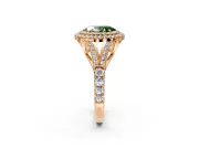 Double Halo Engagement Ring Setting for Fancy Green Oval Center with Narrow Pave Split Shank and Prong Head in Rose Gold