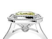 Halo Engagement Ring Setting for Fancy Yellow Asscher Cut Center with Milgrain Frame, Pave Band and Prong Head in Platinum