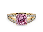 Solitaire Engagement Ring Setting for Fancy Pink Cushion Cut Center with Pave Split Shank and Prong Head in Yellow Gold