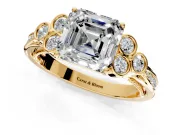 Cluster Engagement Ring Setting for Asscher Cut Center with Bezel Accent Clusters and Prong Head in Yellow Gold