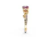 Leaf Motif Engagement Ring Setting for Fancy Pink Cushion Cut Center with Pave Band and Prong Head in Yellow Gold